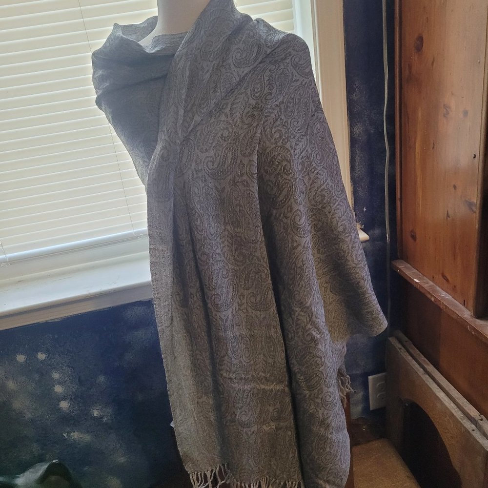 Vintage Kashmir Oversized 100% Wool Scarf Shawl Wrap Muffler Sari Grey Paisley
